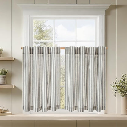 jinchan Striped Linen Kitchen Curtains 24 Inches Tier Curtains Farmhouse Modern Cafe Style Small Window Treatments Airy Light Filtering Rod Pocket for Living Room Bathroom 2 Panels Charcoal Grey