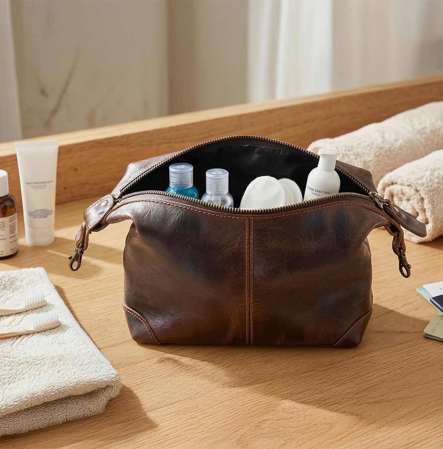 RUSTIC TOWN Full Grain Leather Toiletry Bag for Men & Women – Handcrafted Travel Dopp Kit – Large Water-Resistant Makeup & Shaving Organizer, Walnut Brown