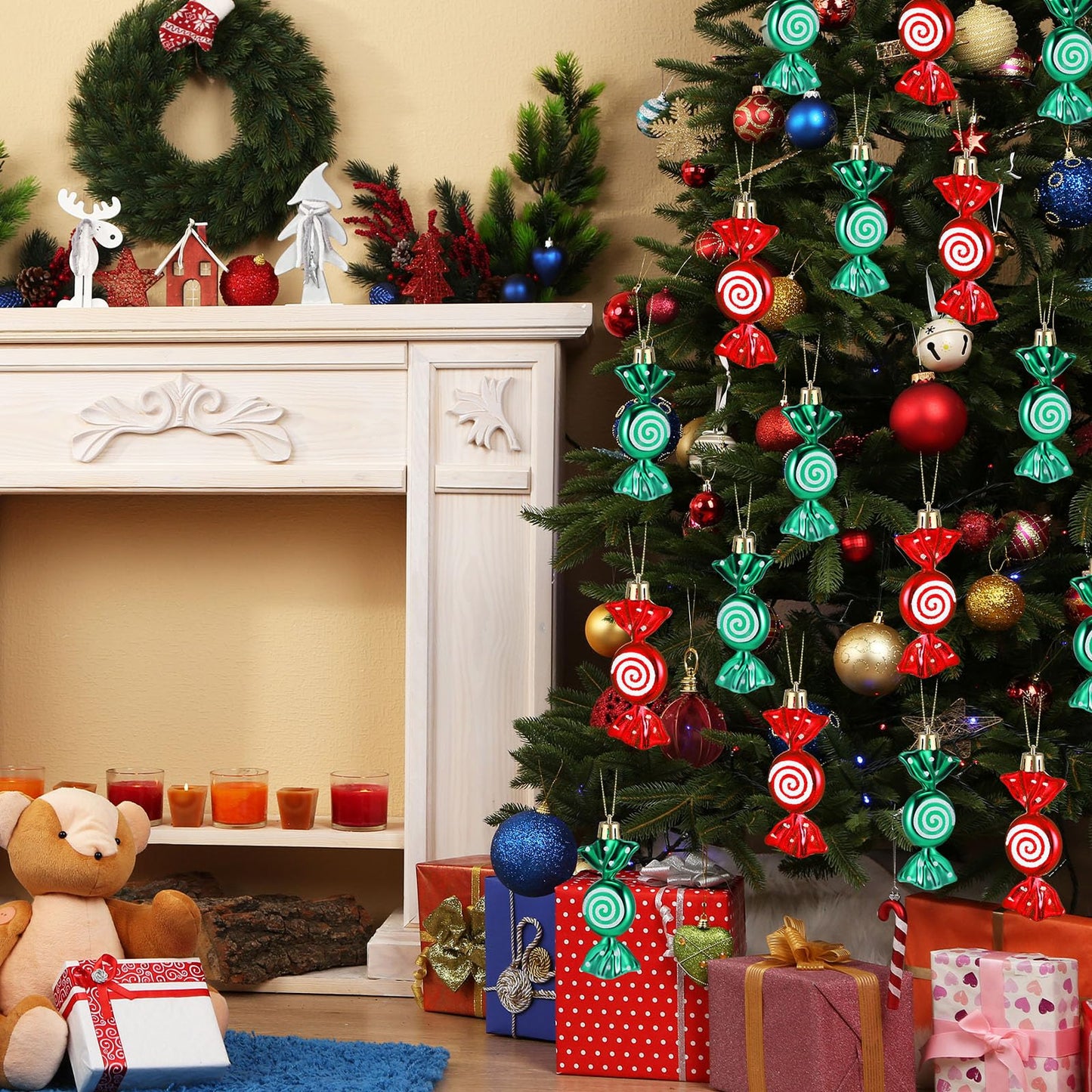 Threan 12 Pcs Christmas Candy Ornaments for Tree Decoration Hanging Glitter Candy Cane Christmas Peppermint Ornament with Golden Rope for Xmas Holiday Decoration(Red, Green,Plastic)