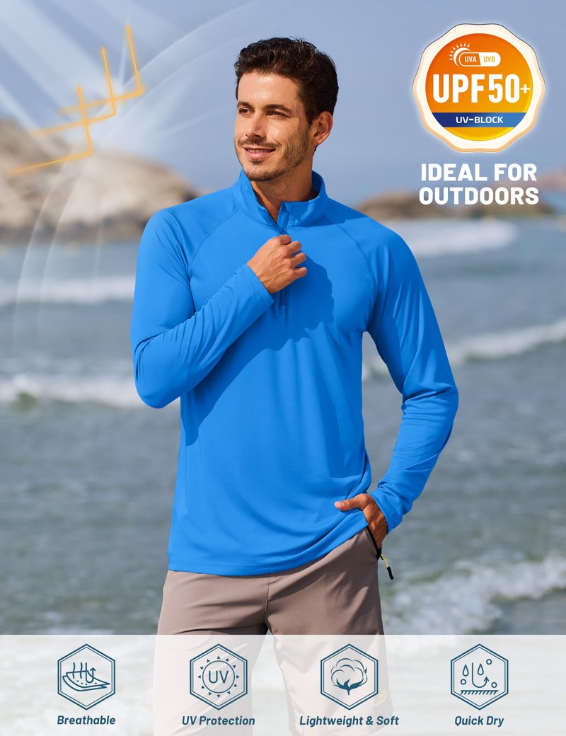 TACVASEN Mens Quarter Zip Pullover Rash Guard Shirt Long Sleeve Swim Dry Fit Shirts for Men Outdoor Shirts for Sun Hiking Shirts Azure