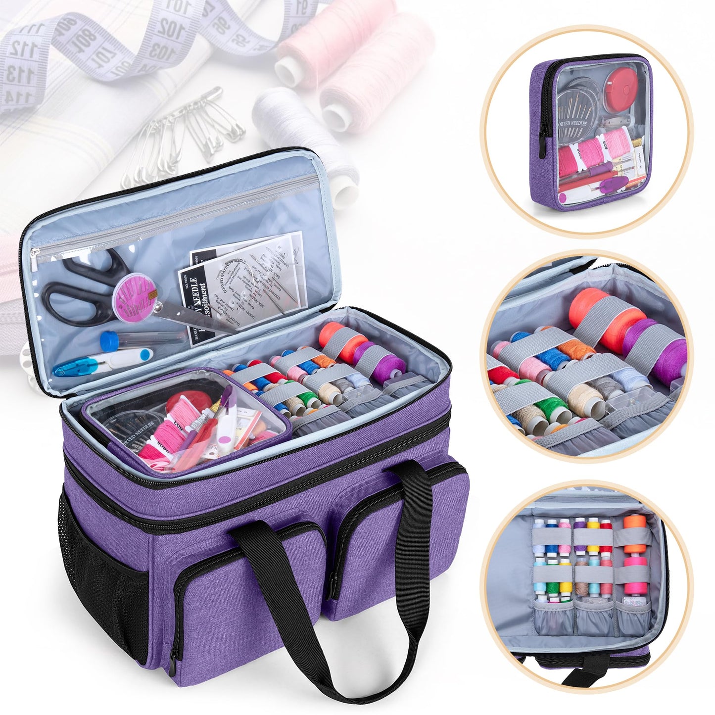 BAFASO Large Sewing Organizer Bag with an Individual Pouch and Detachable Dividers, 2 Layers Sewing Storage Bag for Sewing Supplies(Bag Only), Purple