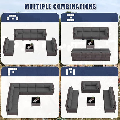 Kurapika 9 Pieces Patio Furniture Set, Rattan Wicker Outdoor Conversation Sets w/4 Inch Cushion and Glass Coffee Table(Grey)
