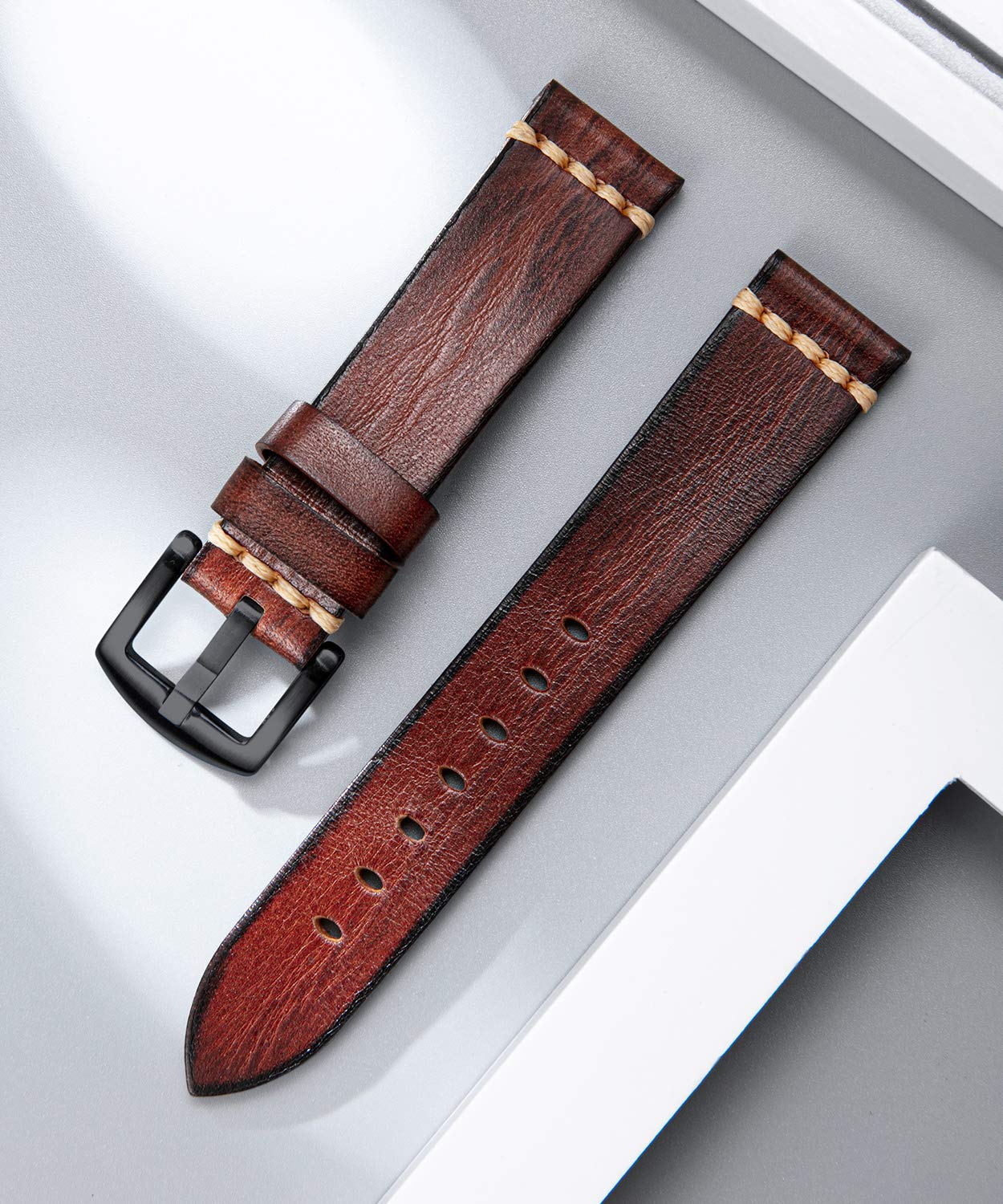 BINLUN Leather Watch Band Rubbing Watch Straps Vegetable Tanned Watch band Handmade Top Grain Watch bands for Men Women(24mm,Light Brown/Black Buckle)