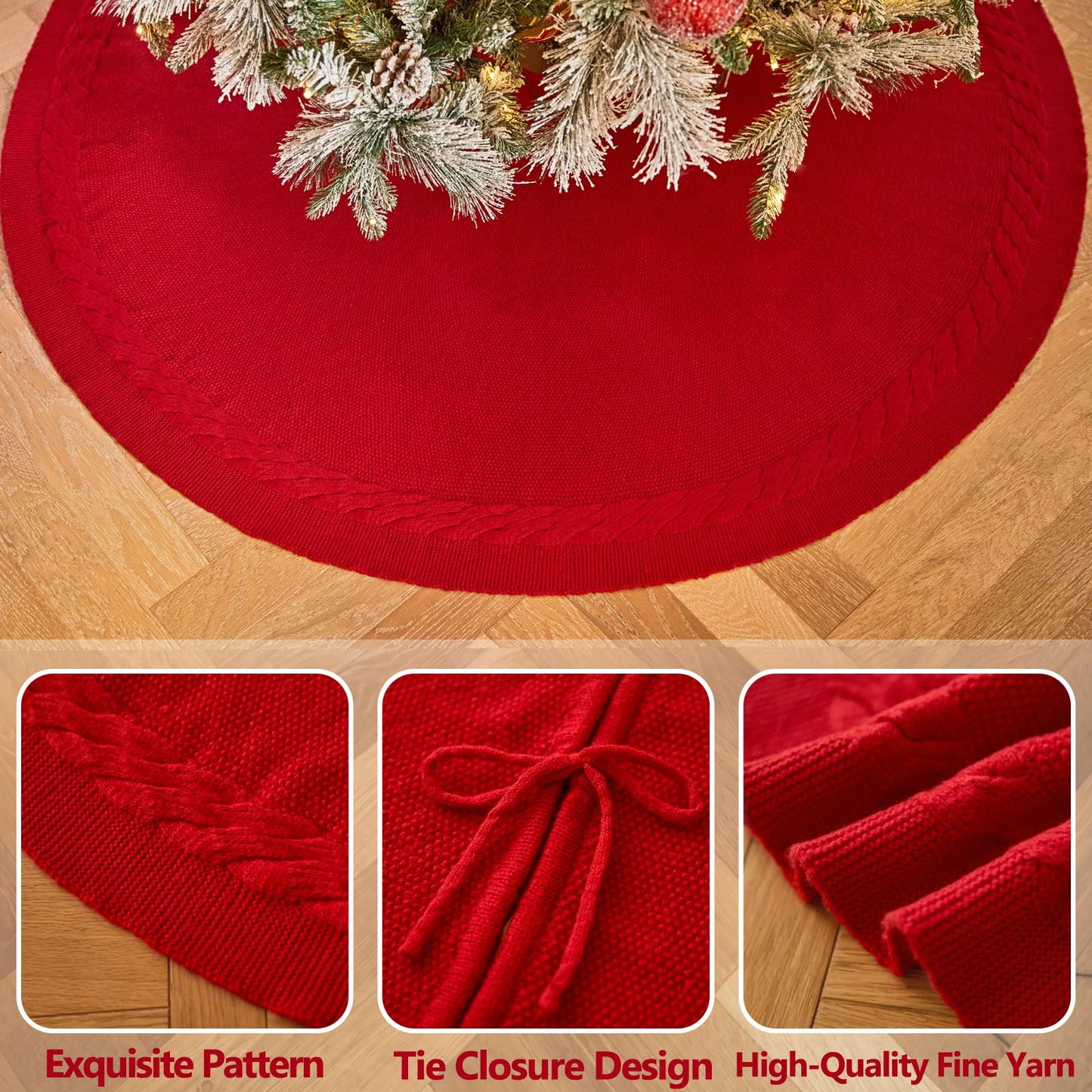 36 Inch Red Knitted Christmas Tree Skirt: Small Thick Cable Knit Round Cream Tree Skirt for 4-6FT Tree Rustic Neutral Farmhouse Neutral Christmas Tree Decorations Tree Base Cover