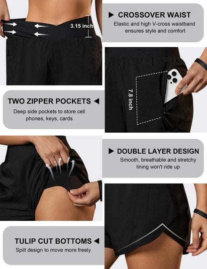 Blooming Jelly Women's Workout Shorts Athletic Running Cross V Cut Waist Work Out Preppy Shorts with Zipper Pockets (Black with Yellow,X-Large)