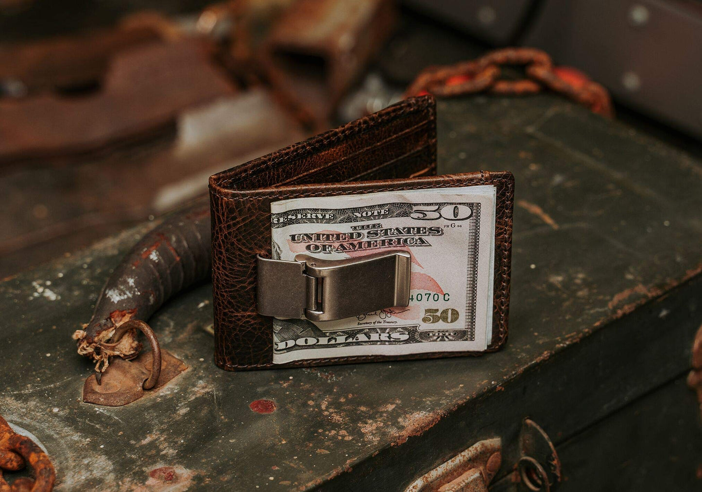 House of Jack Co. Deacon Bifold Money Clip Wallet for Men – Slim Front Pocket Leather Wallet with Metal Cash Clip, Exterior ID Window & Card Holder, Full-Grain Cowhide, Brown