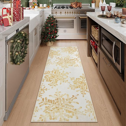 Lahome Snowflake Christmas Runner Rug, 2x6 Non Slip Christmas Rug Runners for Hallways Non Skid Washable Runner Rug Holiday Decor Carpet Runner for Kitchen Bedroom Laundry(2x6ft,Gold)