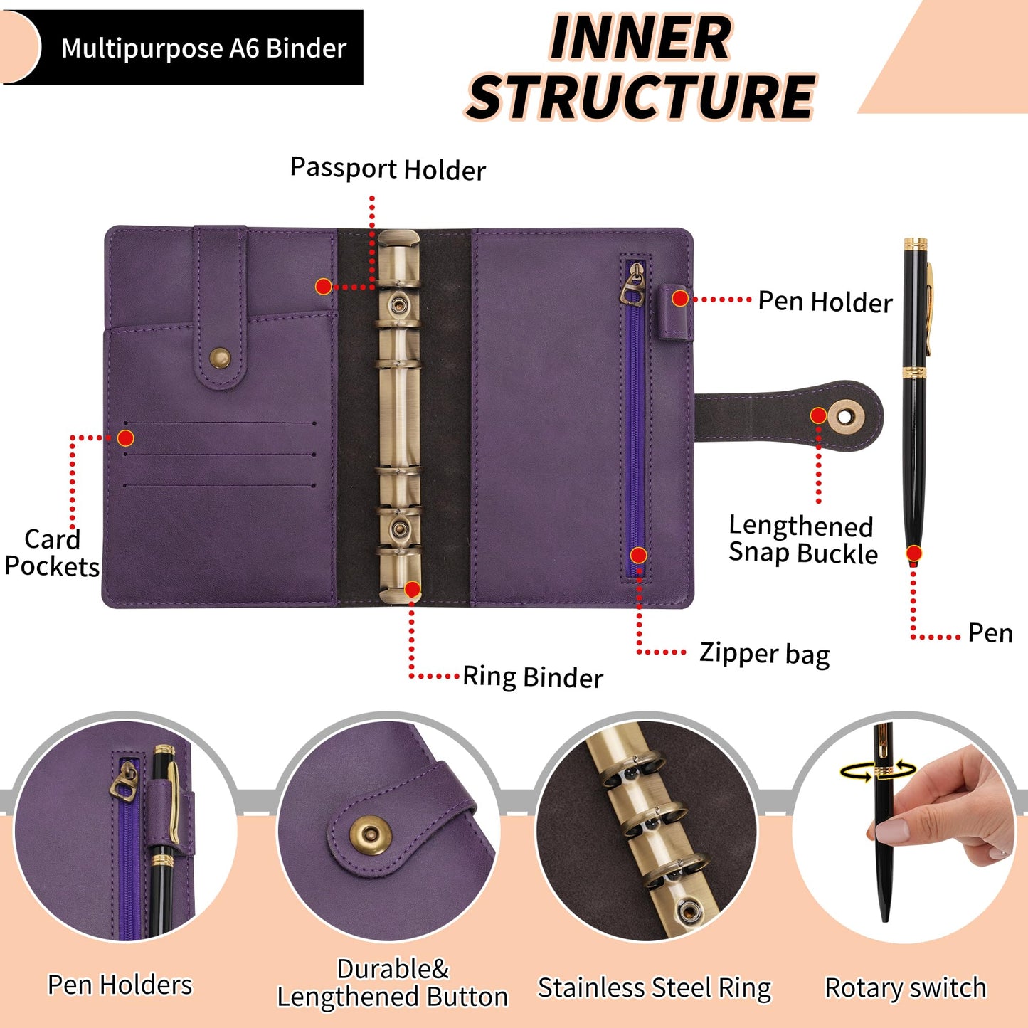 Wonderpool A6 Binder Journal Leather Spiral Notebook Refillable College Ruled Paper, Budget Binder Rings Diary Organizer with Pen for Office School Travel Business Planning Writing (Purple,A6)
