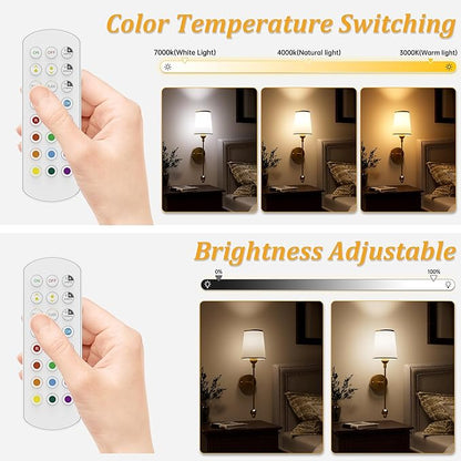 PAIHOME Gold Battery Operated Wall Sconce Set of Two, Rechargeable Wireless Sconces with 5000mAh, 15 Colors Remote Control Dimmable Wall Sconce for Bedroom Living Room Bathroom Hallway Wall Decor