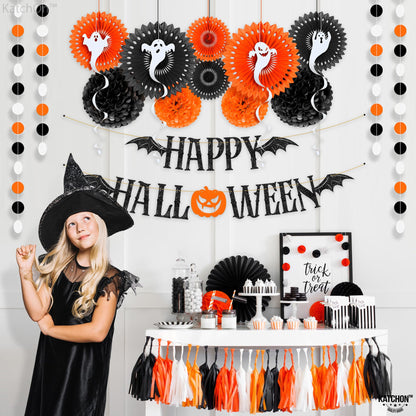 KatchOn, Happy Halloween Party Decoration Set - Pack of 17 | Garlands & Wall Portrait Banner | XtraLarge 72x44 Inch- halloween Banner | Wall Backdrop,Hanging Swirl For Halloween Decorations