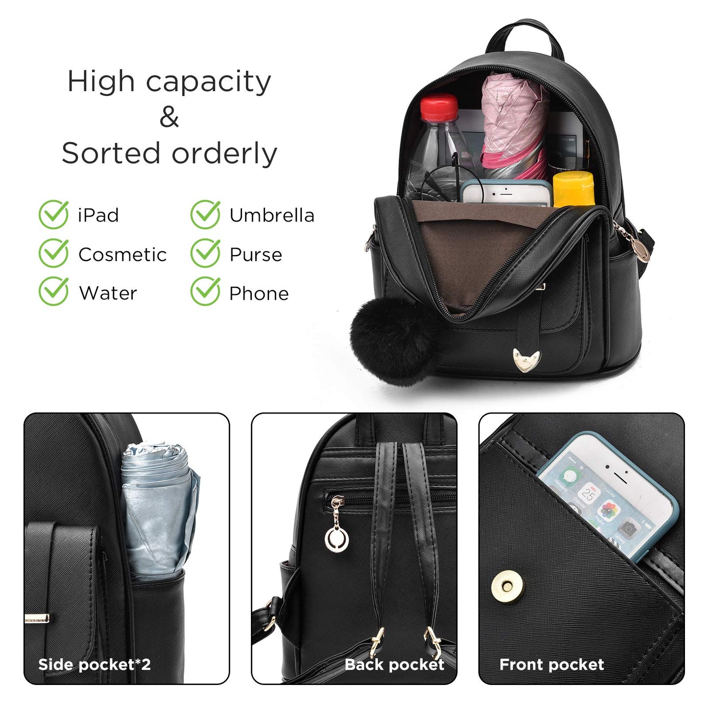 I IHAYNER Girls Fashion Mini Backpack Purse for Women & Teenage Girls - PU Leather Pompom Backpack Shoulder Bag - Black