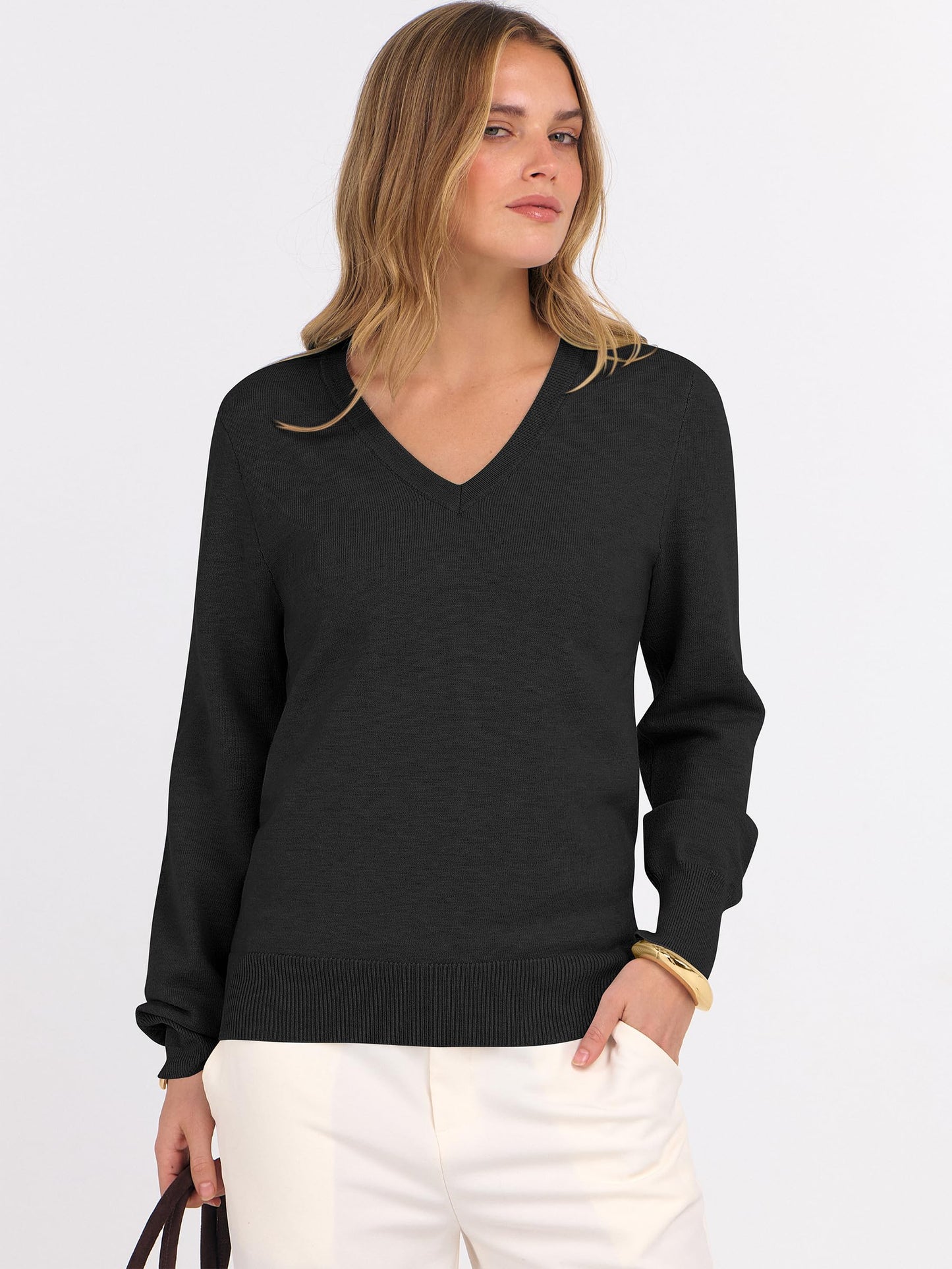 ANRABESS Womens Long Sleeve V Neck Sweaters 2025 Fall Casual Classic Soft Loose Fit Basic Pullover Jumper Top