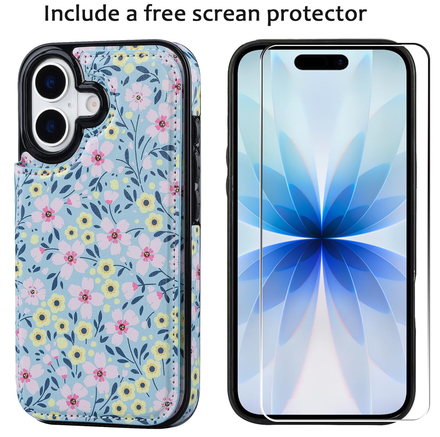 JOYAKI Compatible with iPhone 17 Wallet Case with Card Holder, Flip PU Leather Kickstand Case with Screen Protecor, Double Magnetic Clasp with Screen Protector Cover 6.3" -Sunny Day Bloom