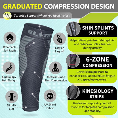 BLITZU Calf Compression Sleeves for Men and Women. Footless Compression Socks Support for Varicose Vein, Nursing, Running. Leg Sleeve Brace for Shin Splints, Pain Relief & Reduces Swelling Gray S-M