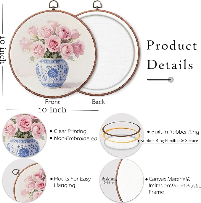 Threegoat Chinoiserie Spring Floral Framed Round Wall Art,Blue and White Hydrangea Flowers Wall Art Decor for Bedroom,Vintage Wall Hanging Decor for Grand Millenial Grandmillennial Home - A03