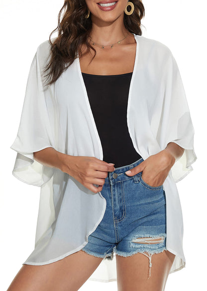 Women Summer Tops Kimono Cardigans Sheer Beach Cover Ups Chiffon Open Front Shirts （White,4XL