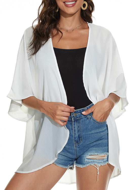 Women Summer Tops Kimono Cardigans Sheer Beach Cover Ups Chiffon Open Front Shirts （White,4XL