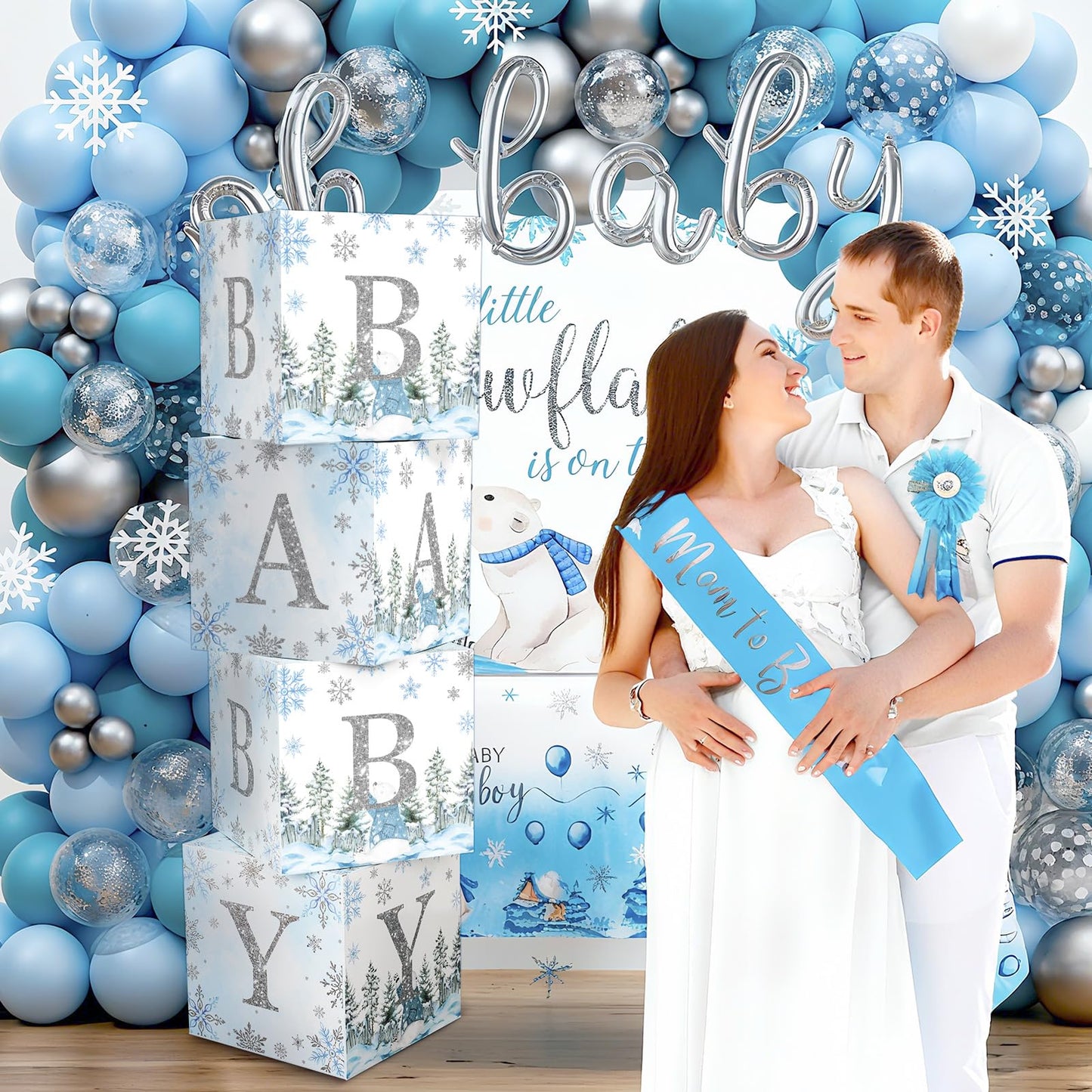 AmazingSpark 4 Pcs Winter Snowflake Blue Baby Shower Decoration Boxes with Letters Winter glitter Snowflake Wonderland Box Block Baby Shower Backdrop Centerpiece for Party