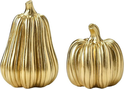 Gold Pumpkin Decor with Stripes, 2Pcs Resin Pumpkins for Decorating, Decorative Pumpkins for Fall Tabletop Decoration, Indoor Home, Autumn Kitchen, Thanksgiving Mantel Decor