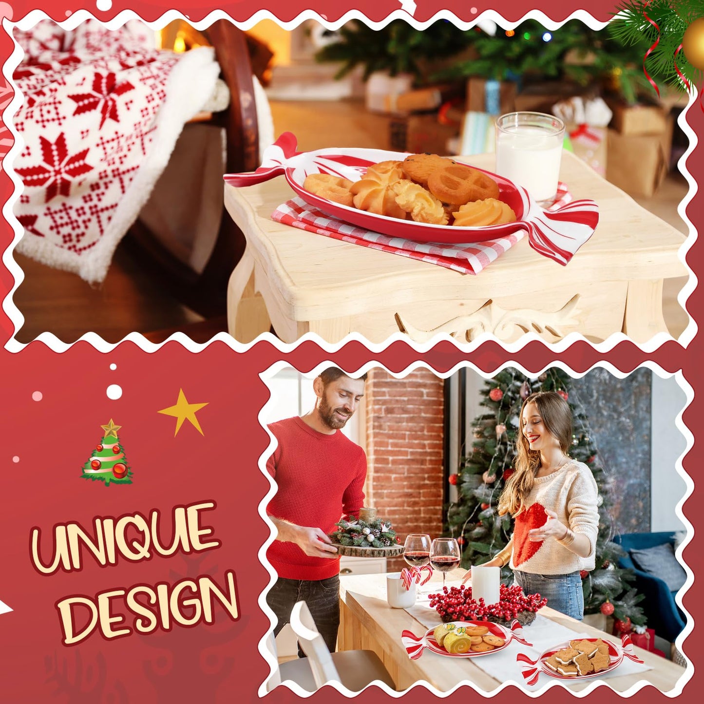Teenyyou 1 Pcs Christmas Candy Dish Melamine Christmas Serving Tray Fruit Dessert Cookie Plates for Xmas Holiday Party Favor Dishwasher Safe