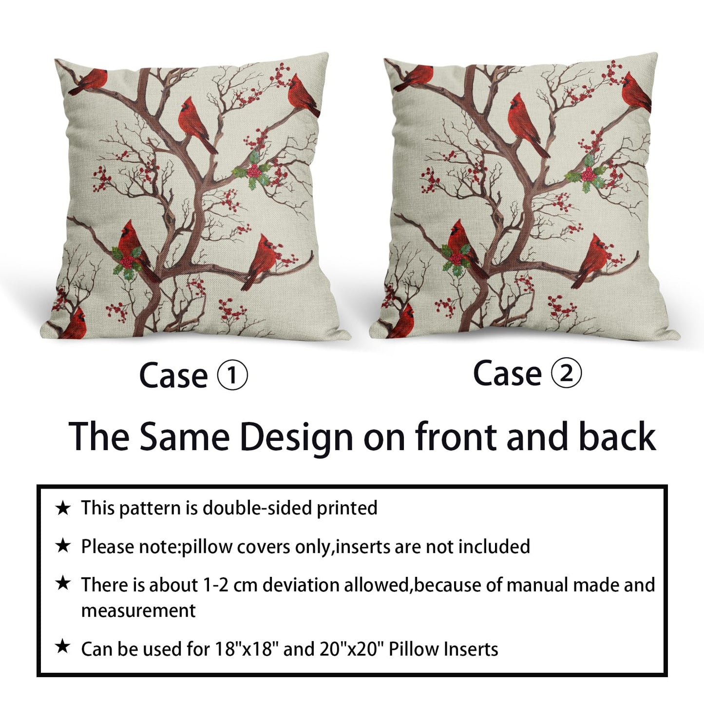 Aytipun Red Winter Bird Pillow Covers 18x18 Set of 2 Rustic Christmas Bird Branches Leaf Print Decorative Outdoor Pillowcases Rustic Farmhouse Throw Cushion Case Decor for Couch Sofa Bed