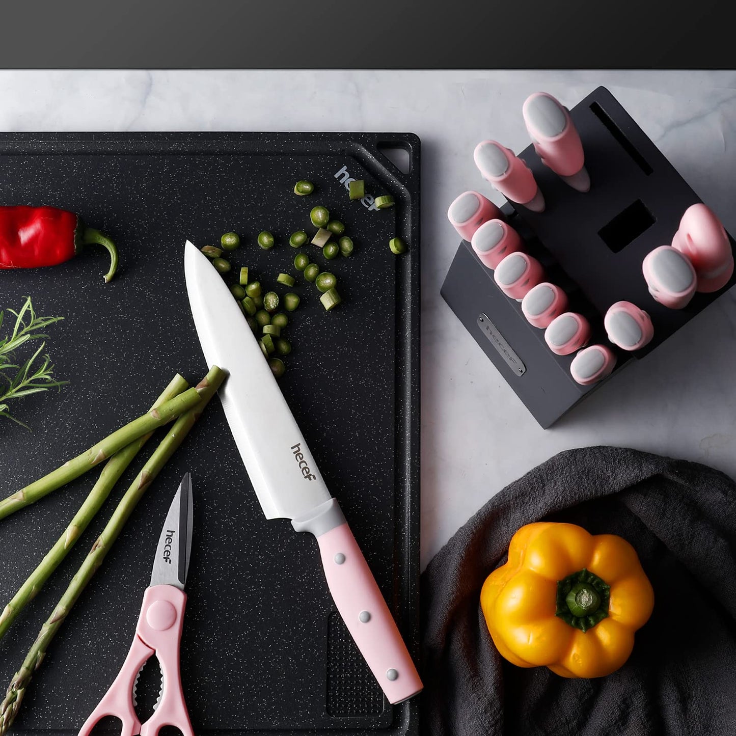 hecef Kitchen Knife Block Set, 14 Pieces Knife Set with Wooden Block & Sharpener Steel & All-purpose Scissors, High Carbon Stainless Steel Cutlery Set (Yellow)