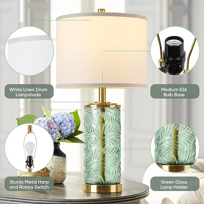 QiMH Glass Table Lamp Set of 2, Modern Gold Bedside Lamp with Stereo Palm Leaves Vein Glass for Living Room, Green Nightstand Lamps for Bedroom Home Office Reading Decor(Bulbs & Shades Included)