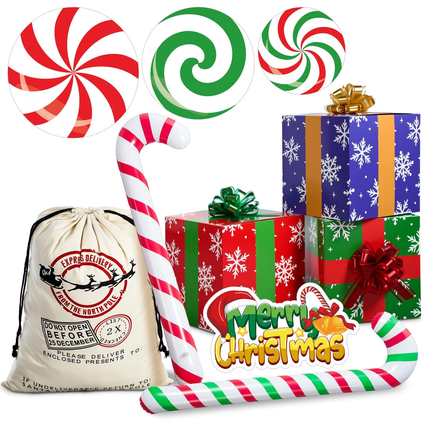 Humyoun 10 Pcs Christmas Gift Boxes Decoration, Christmas Photo Booth Props Gift Box with Ribbons Large Candy Cane Balloon for Xmas Party Decorations Home Xmas Box Decorations