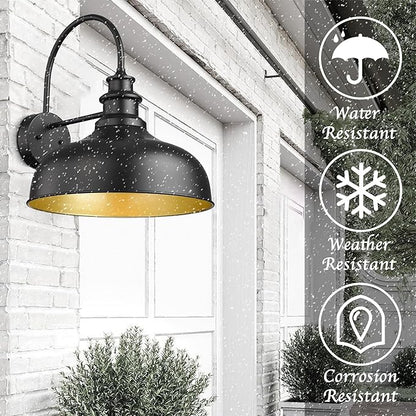 Bestshared Large Farmhouse Barn Lights 16 Inch Dome Outdoor Wall Lighting Fixture Industrial Gooseneck Sconces Exterior Mount Light, Black Outdoor Wall Lantern (1Pack, Black+ Gold)
