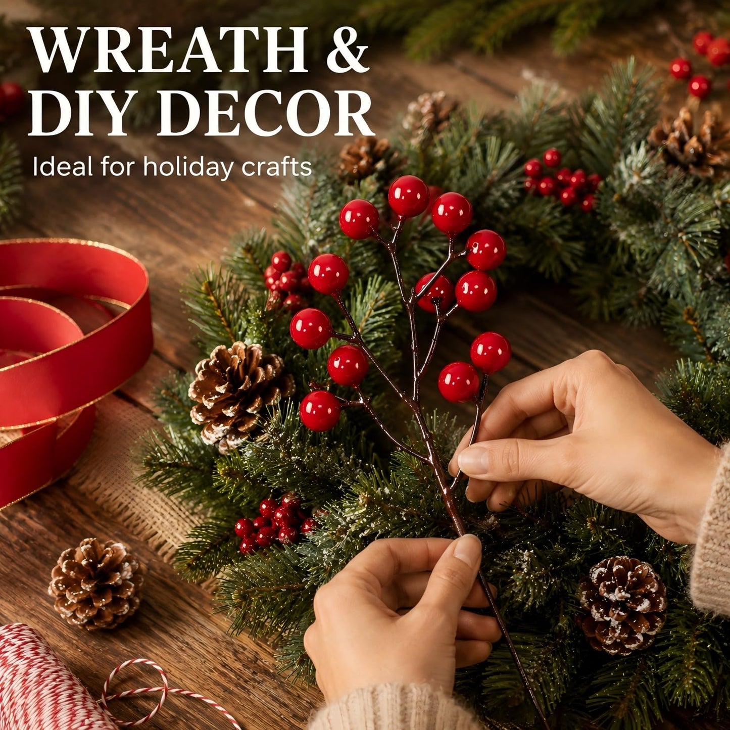 RAINFLOW Red Berry Stems for Christmas Tree - 12 Pcs Artificial Holly Berries 8 Inch Berry Branches No Shedding for Wreath Garland Holiday Home Decor Indoor Outdoor