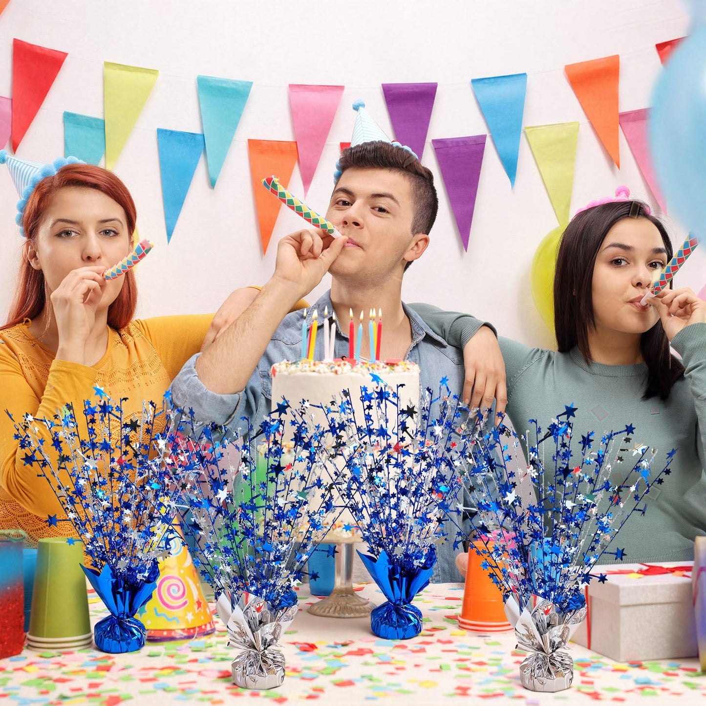 CraftyDream 6 Pcs Star Table Centerpieces Silver Blue Birthday Party Decorations Metallic Foil Spray Centerpieces Glitter Spray Table Decor for Birthday Anniversary Graduation Wedding Supplies