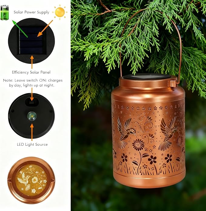 2 Pack Solar Lanterns Outdoor Garden Decor- Solar Lights Waterproof Hummingbird Decorative Gifts for Women Mom Grandma Hanging Metal Lights Gardening Gift for Outside for Yard, Patio, Backyard, Farm