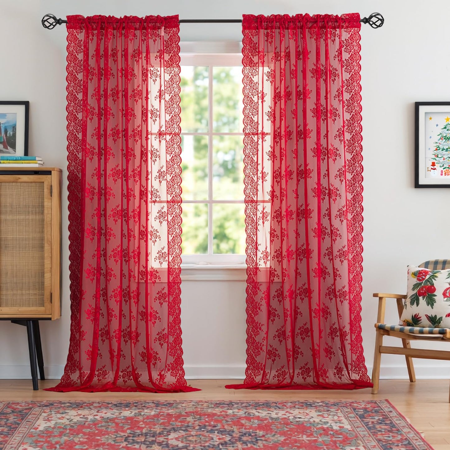 Kotile Red Sheer Lace Curtains 96 Inches Long, W52 x L96 Inch, 2 Panels Country Rustic Floral Red Lace Curtains for Living Room, Rod Pocket Privacy Light Filtering Christmas Sheer Window Curtain