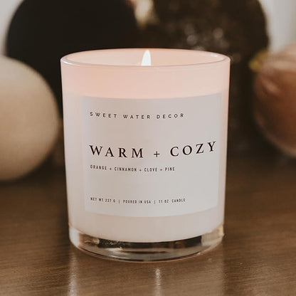 Sweet Water Decor Warm and Cozy Soy Candle - Pine, Orange, Cinnamon, and Fir Winter Scented Candle for Home - 11oz White Jar with Wood Lid, 50+ Hour Burn Time, Made in The USA