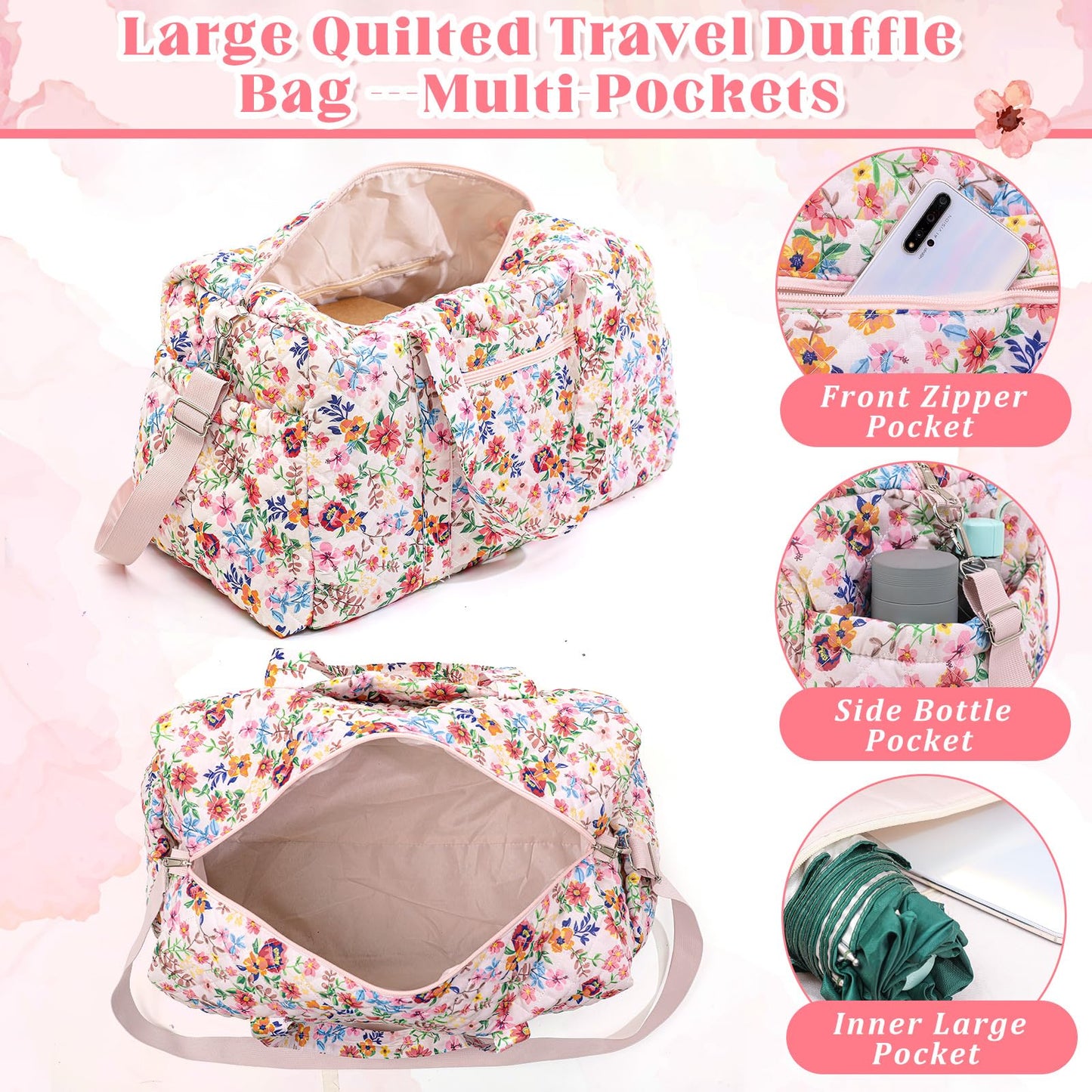 Dansydaisy Large Quilted Travel Duffle Bag for Women Floral Portable Gym Weekender Bag with Zipper Pockets Workout Grocery Pouch Duffle Gift Pouch for Work(Pink Floral)