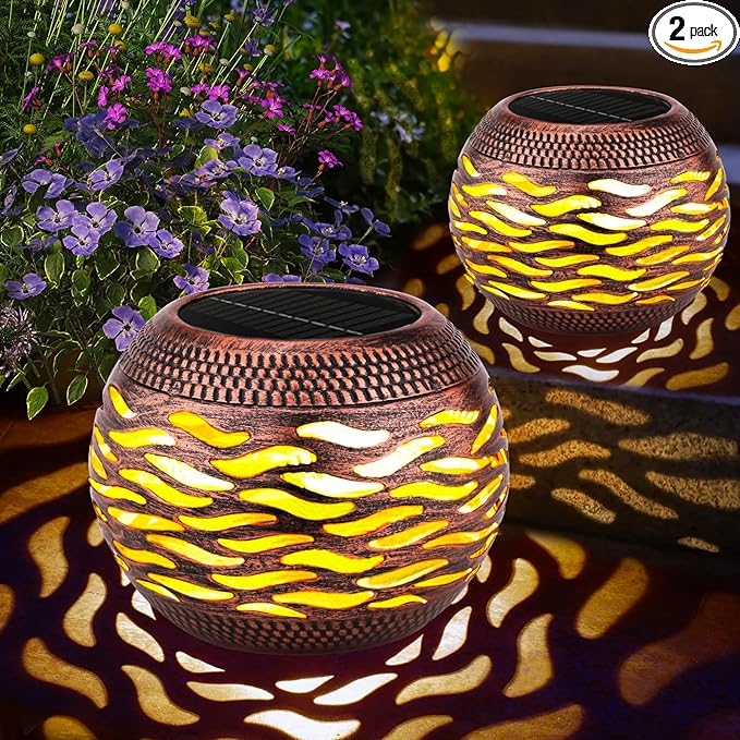 Waterproof Solar Lanterns Outdoor 2-Pack - Retro Metal Hollow-Out Solar Table Lamp for Outdoor Yard Garden Porch Patio Lawn Decorations Unique Gardening Gifts for Women, Mom