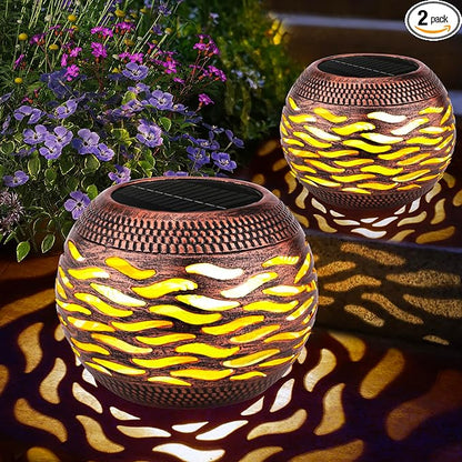 Waterproof Solar Lanterns Outdoor 2-Pack - Retro Metal Hollow-Out Solar Table Lamp for Outdoor Yard Garden Porch Patio Lawn Decorations Unique Gardening Gifts for Women, Mom