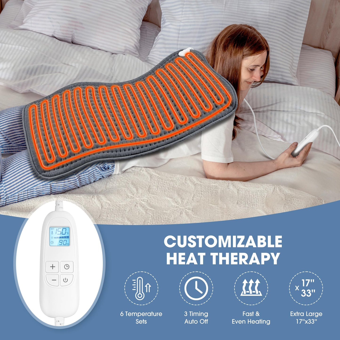 FluffyWarmth Electric Heating Pad for Back, Extra Large 17''x 33'' XXXL for Full Body,Menstrual Period Cramps,Neck Shoulder Back Pain Relief, 6 Heat Settings 3 Timers Heating Pad, Gifts for Women Men