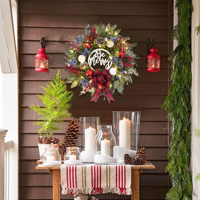 Prelit Christmas Wreath for Front Door Outside,22 inch Be Merry Wreath with red Black tarten Plaid Bow,Lighted Farmhouse Christmas decoration-30 LED Light/Timer,Winter Door Wreath, Porch Decor