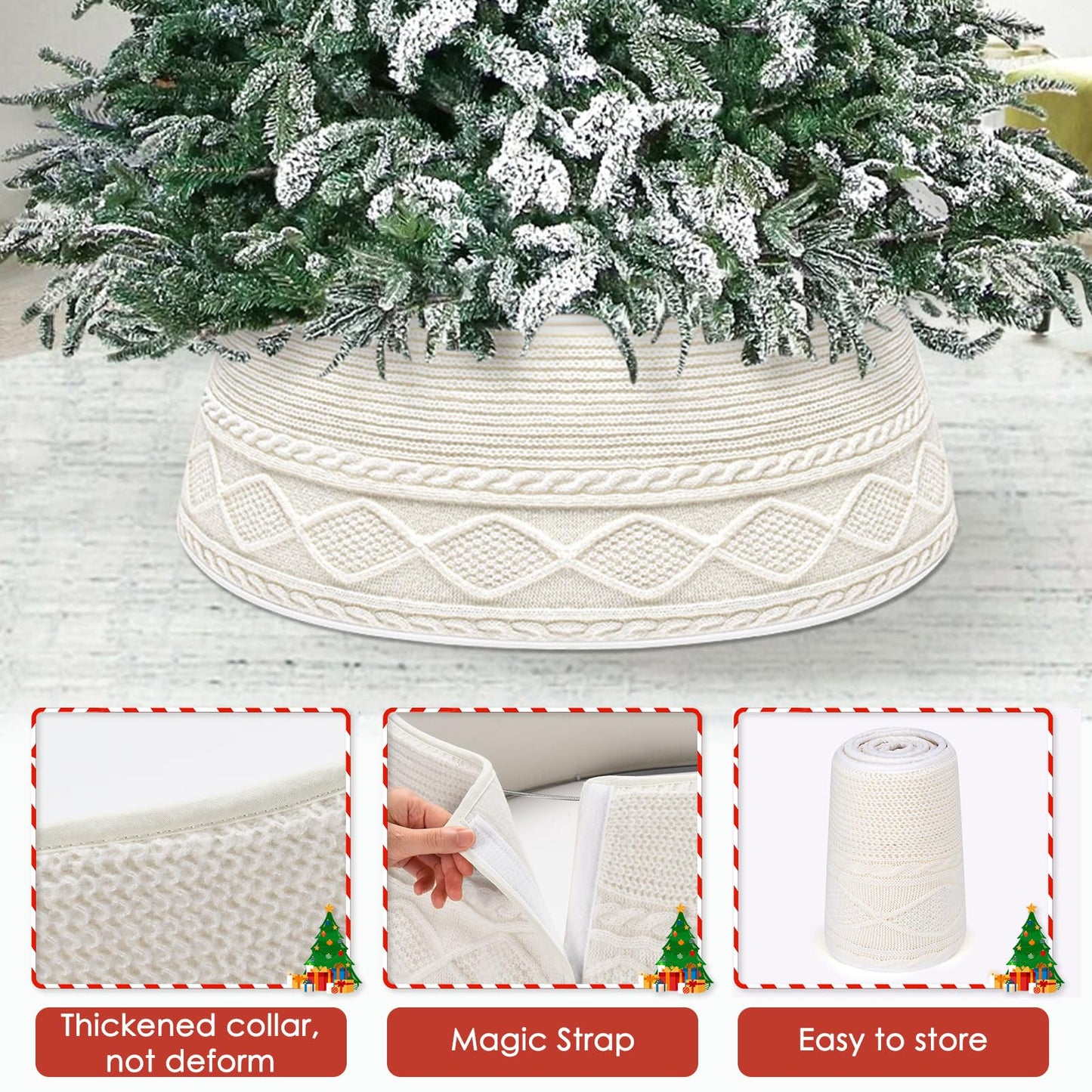 Malier Christmas Tree Collar, 30’’ Knit Xmas Tree Collar, Christmas Tree Collars for Artificial Trees, 11" Extra Tall Tree Stand Base Cover Ring Skirt for 6 ft 9 ft Tree (White, 11''H × 30" W)
