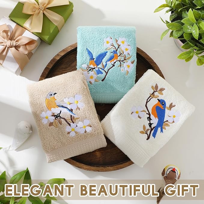 Bird Floral Hand Towels Farmhouse White Light Brown Turquoise Bird Bathroom
