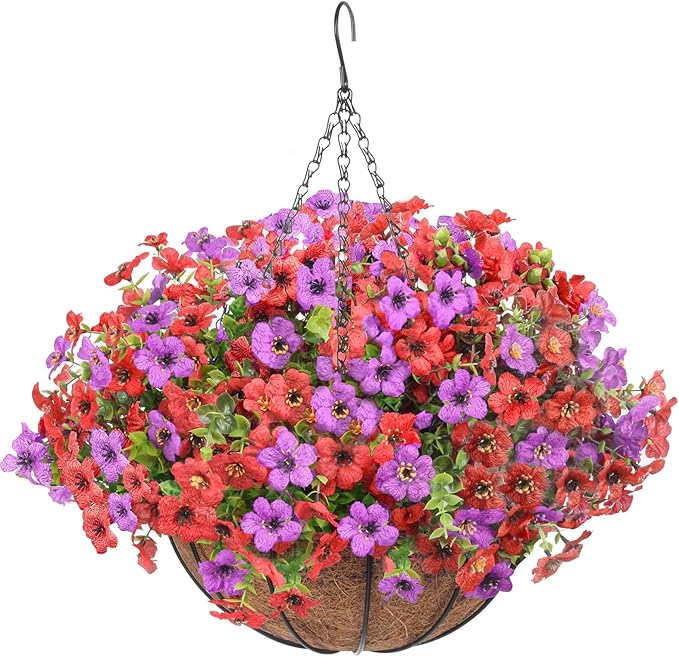 Artificial Hanging Faux Flowers Basket, Fake Silk Daisy Eucalyptus Plants Arrangement,for Spring Summer Outdoor Decoration,UV Resistant, Coconut Planter,Look Real for Home Garden Decor (Pruple Red)