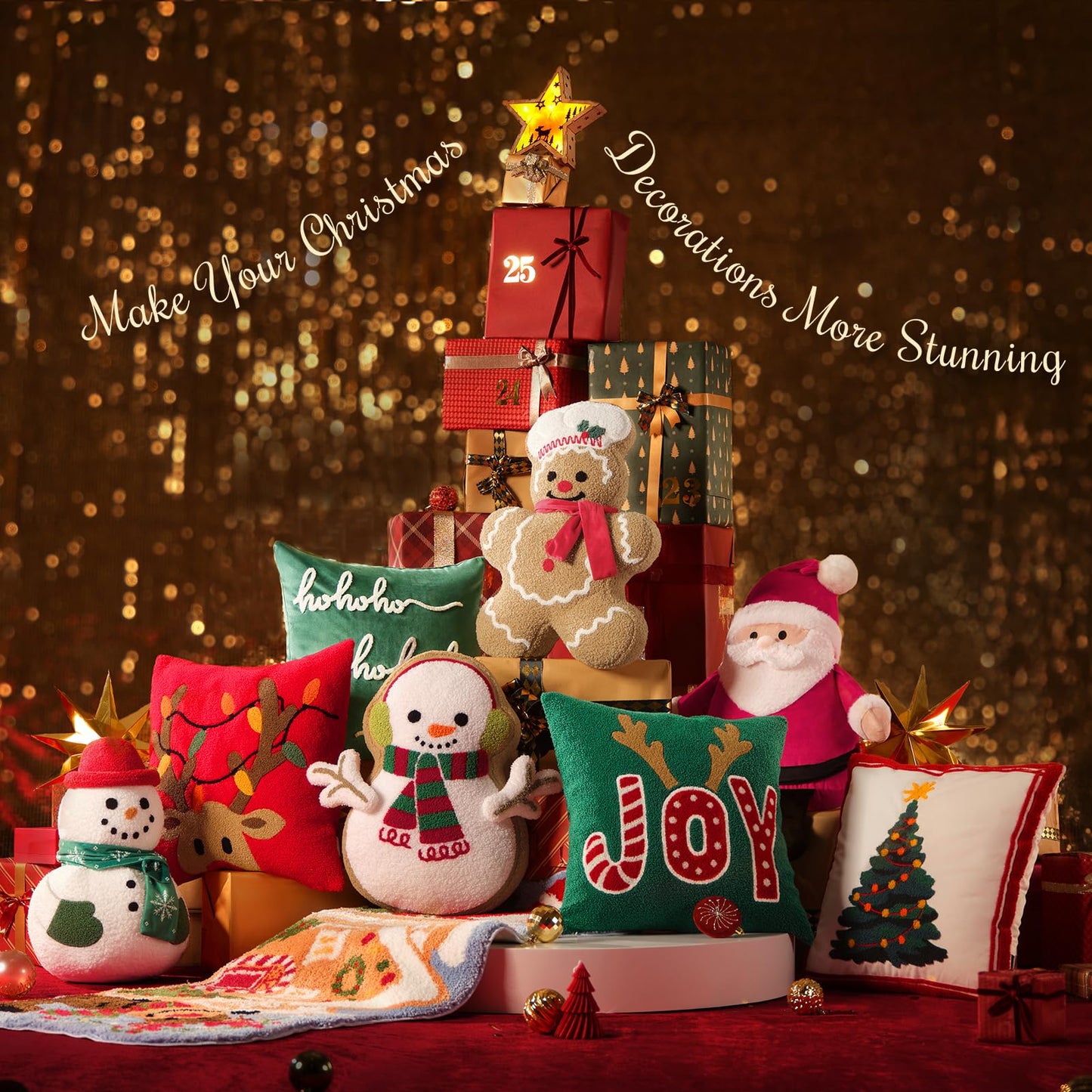 Phantoscope Gingerbread Merry Christmas Throw Pillow, Plush Teddy Xmas Gingerbread Shaped Pillows with Chef Hat & Scarf, Christmas Decorative Pillow for Couch Living Room Bed, Beige, 20 x 13.5 inches