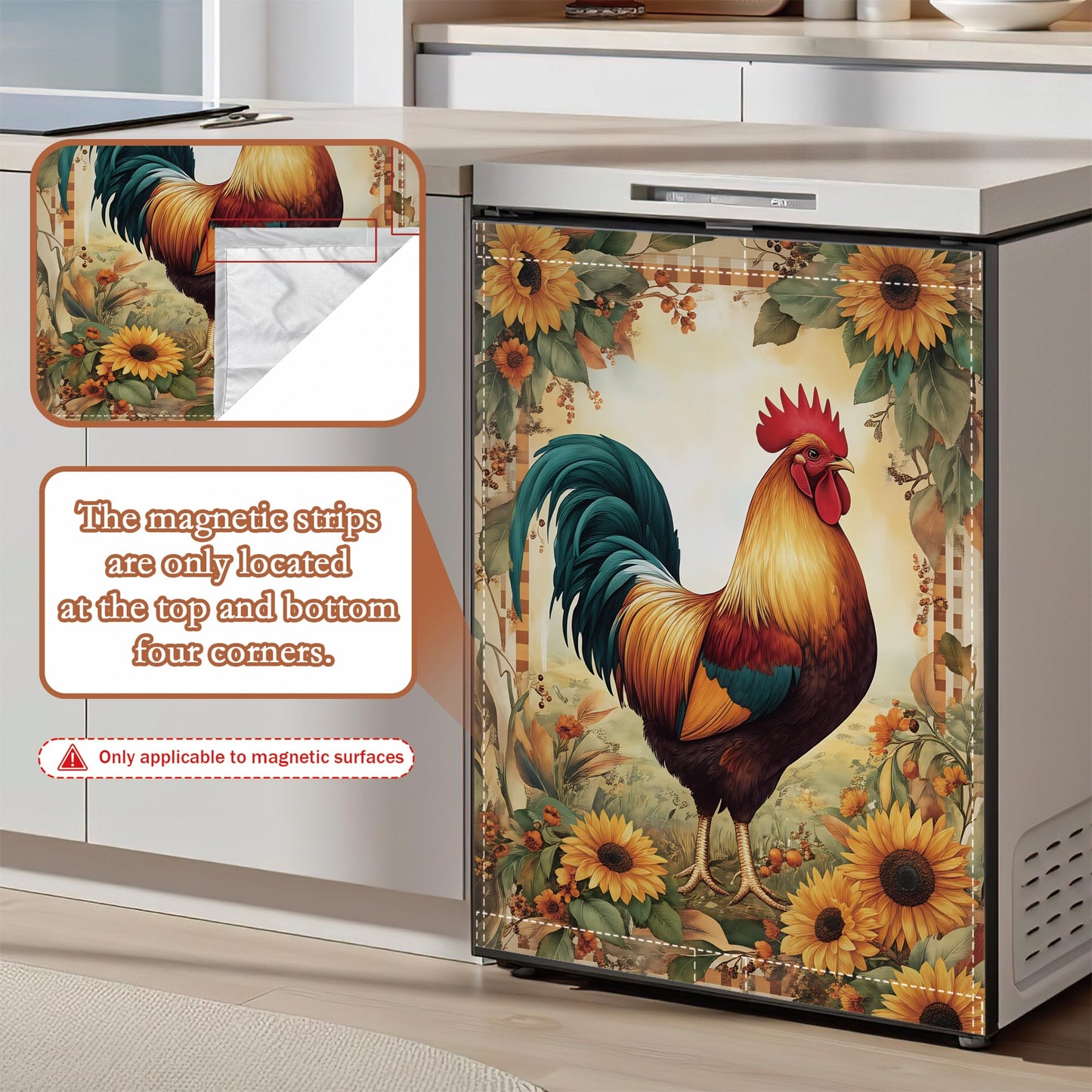 Rooster Sunflower Dishwasher Cover Panel Magnetic,Farmhouse Floral Dishwasher Magnet Decorative Cover for Refrigerator Kitchen Home Decor Reusable Waterproof 23x26 Inch