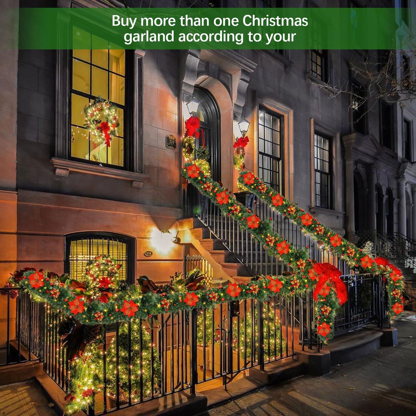 Christmas Garland,Christmas Garland with Lights Battery Operated,9 ft Rattan Artificial Flower Vine Plants Xmas Decorations for Indoor Outdoor Home Mantel Fireplace Stairs