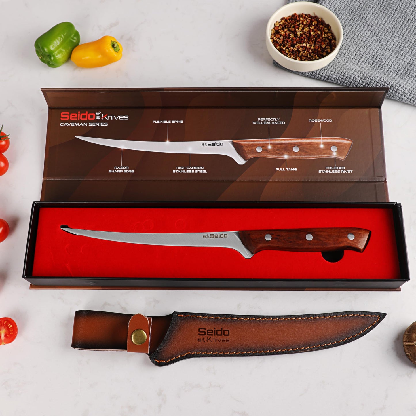 Seido Knives Caveman 7.5" Fillet Knife – Flexible Stainless Steel Blade with Rosewood Handle & Leather Sheath