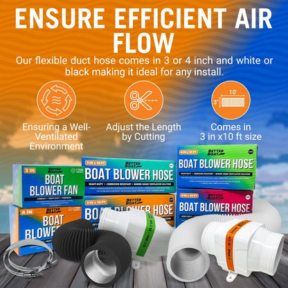 Boat Blower Hose, 3 Inch Marine Exhaust Hose, 10 Ft Flexible PVC Duct for Bilge, Engine Compartment, Galley, Head, or Dryer Vent, Black