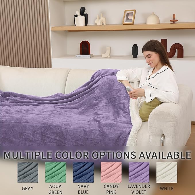 Full Electric Blanket, Heated Electric Blanket with Flannel Sherpa, Machine Washable Heated Blanket with Timer 6 Heating Levels & 1-10 Hours Auto Off, Overheat Protection,72" x 84", Lavender Violet