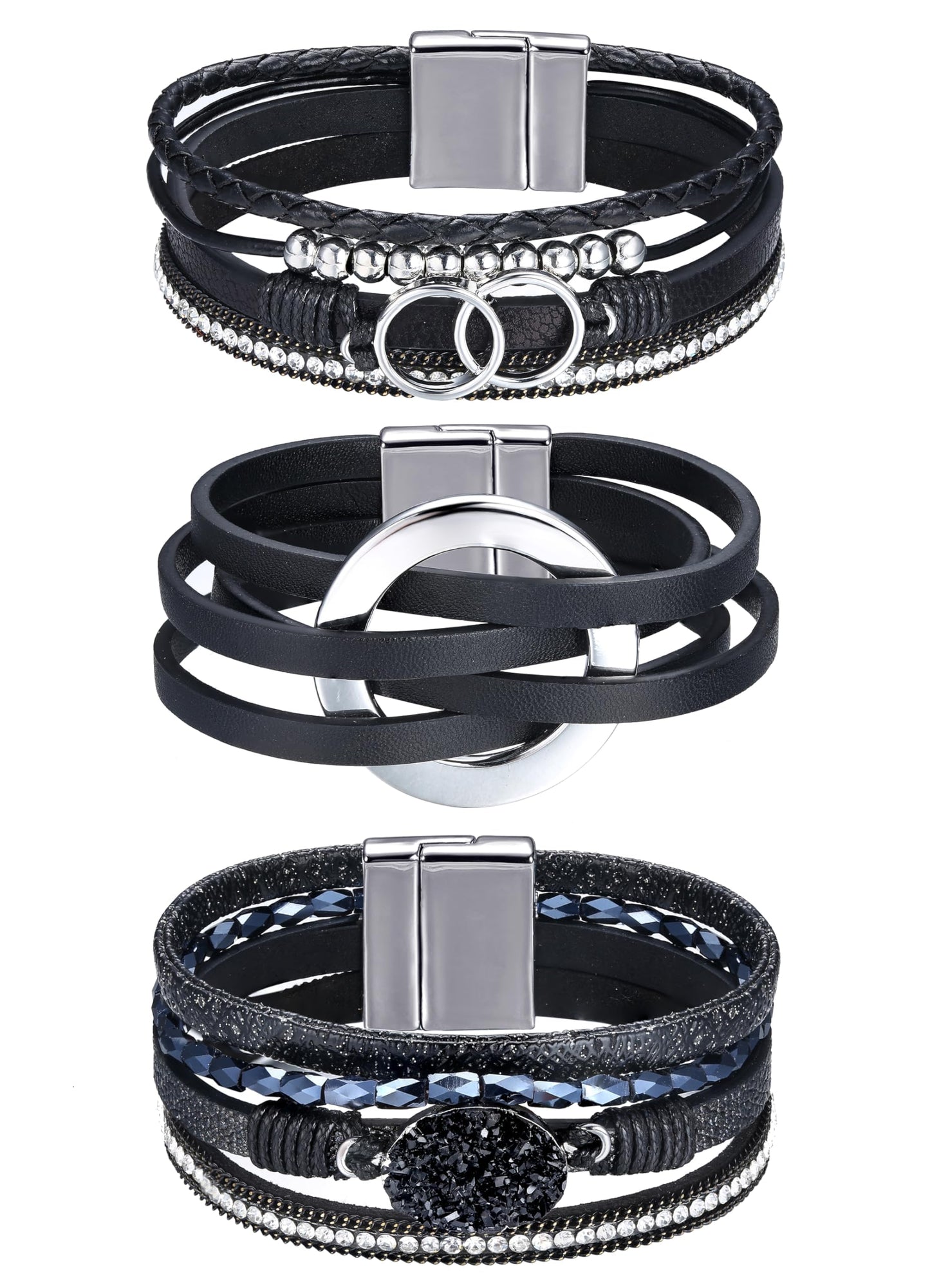 Sanfenly Leather Wrap Bracelets for Women,Boho Wrap Bracelets Leather Cuff Bangle Beads Bracelets Stackable Western Bracelets Jewelry for Women (Gold/Black/Gray/Turquoise)