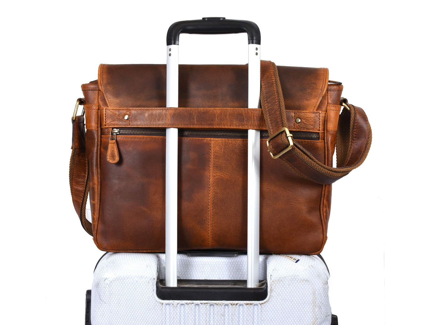 16" Crossbody Bag Leather Laptop Messenger Bag For Men with trolley sleeve for school office (Caramel)